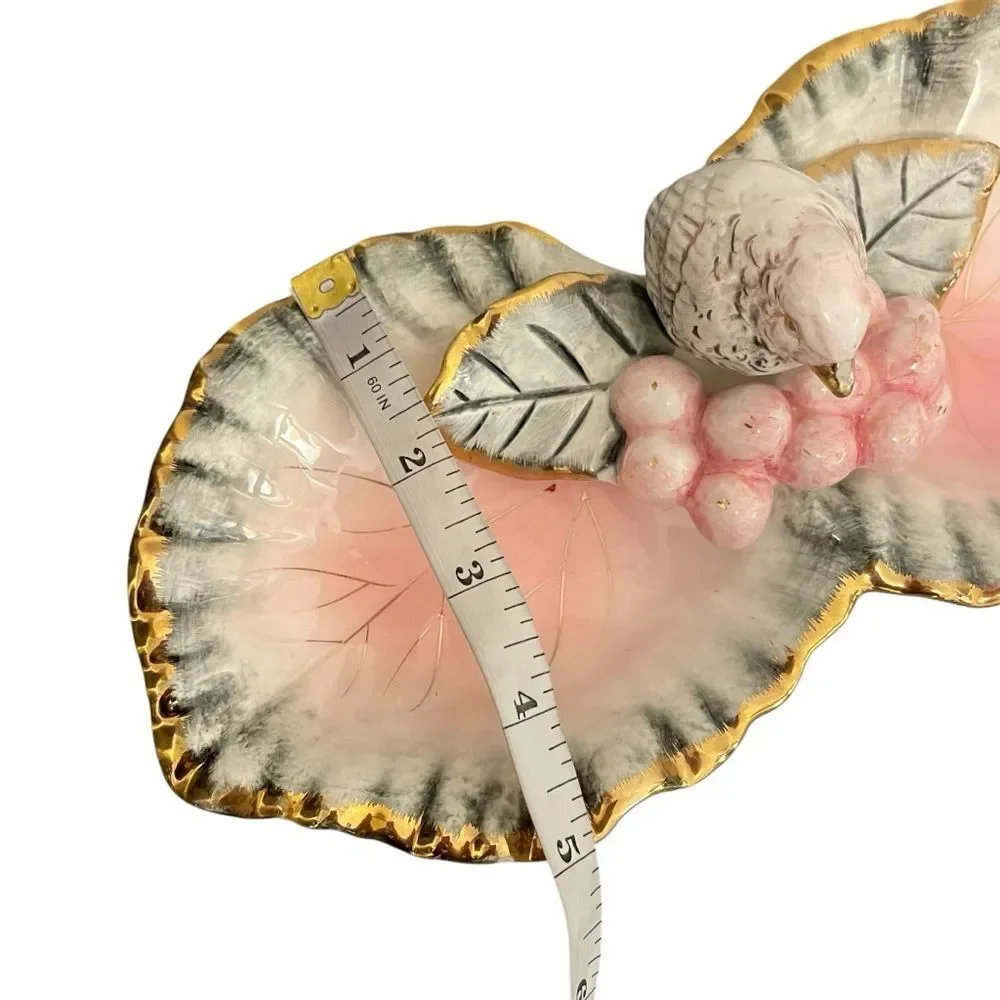 Vintage Ceramic Bird on Leaf Trinket Dish Pink Grey Gold Gilded Catchall 10 Inch